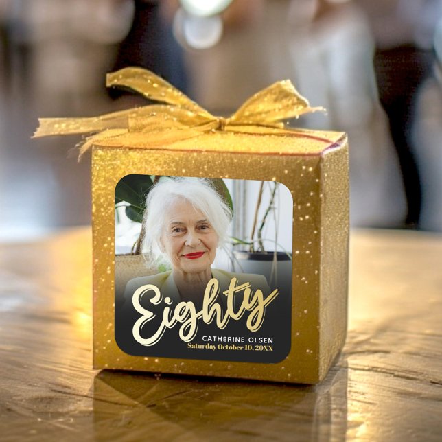 Eighty gold coloured script photo birthday favour square sticker (Creator Uploaded)