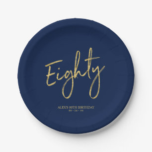Eighty Gold & Navy Lettering 80th Birthday Party Paper Plate