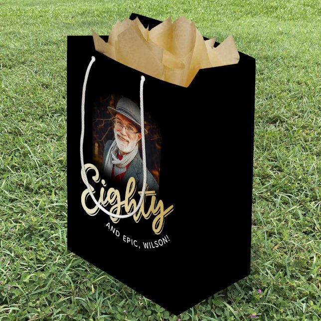 Eighty gold script and custom photo 80th birthday medium gift bag (Creator Uploaded)