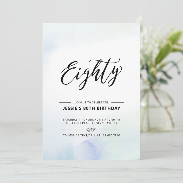 Eighty Minimal 80th Birthday Party Watercolor Invi Invitation (Standing Front)