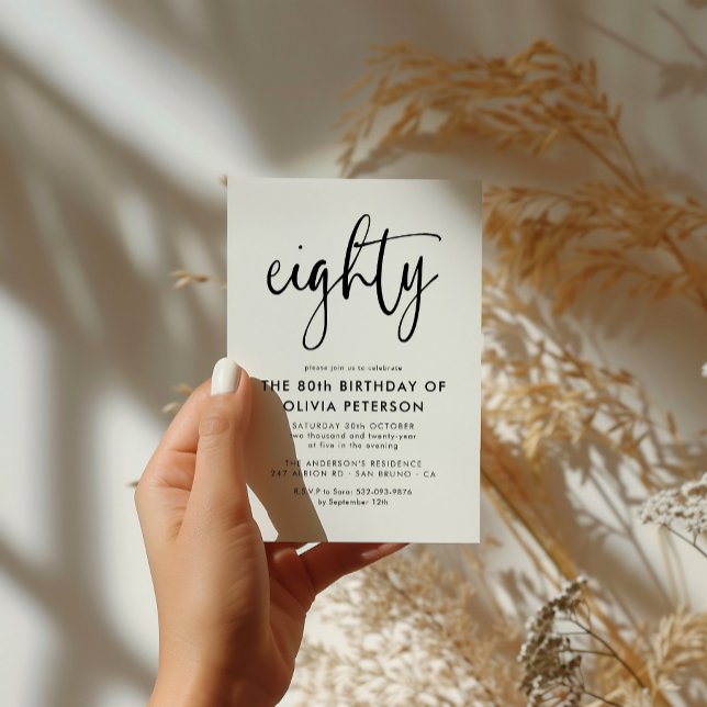 Eighty | Modern 80th Black & White Birthday Party Invitation Postcard (Creator Uploaded)