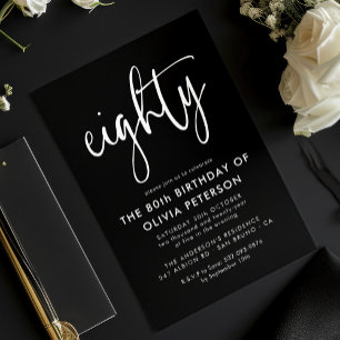 Eighty   Modern 80th White on Black Birthday Party Invitation