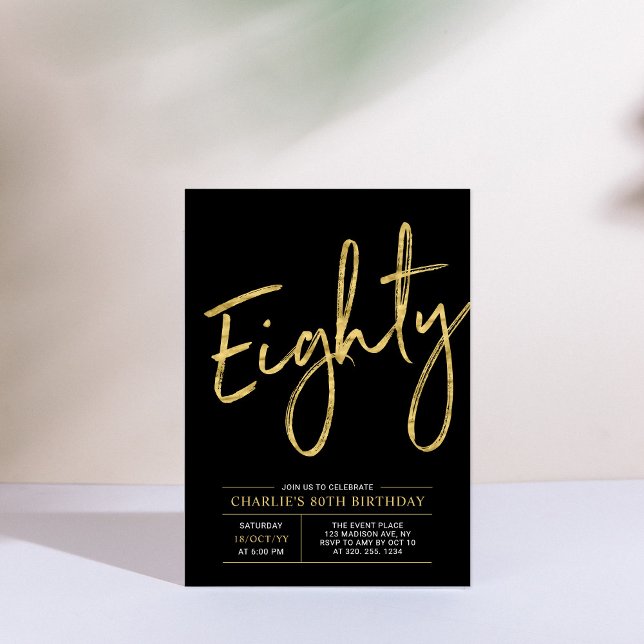 Eighty | Modern Gold Brush 80th Birthday Party Inv Invitation (Creator Uploaded)