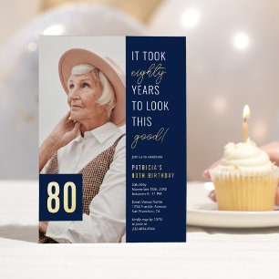 Eighty Photo Blue & Gold 80th Birthday Party Real