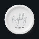 Eighty Silver Lettering 80th Birthday Party Paper Plate<br><div class="desc">This custom paper plate will add stylish detail to a modern 80th birthday party. This design features a simple chic silver brush script "Eighty" with custom text. Matching 80th birthday invitations and party supplies are available in my shop BaraBomDesign.</div>