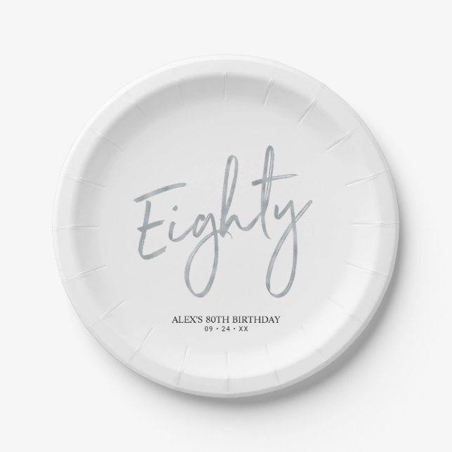 Eighty Silver Lettering 80th Birthday Party Paper Plate (Front)