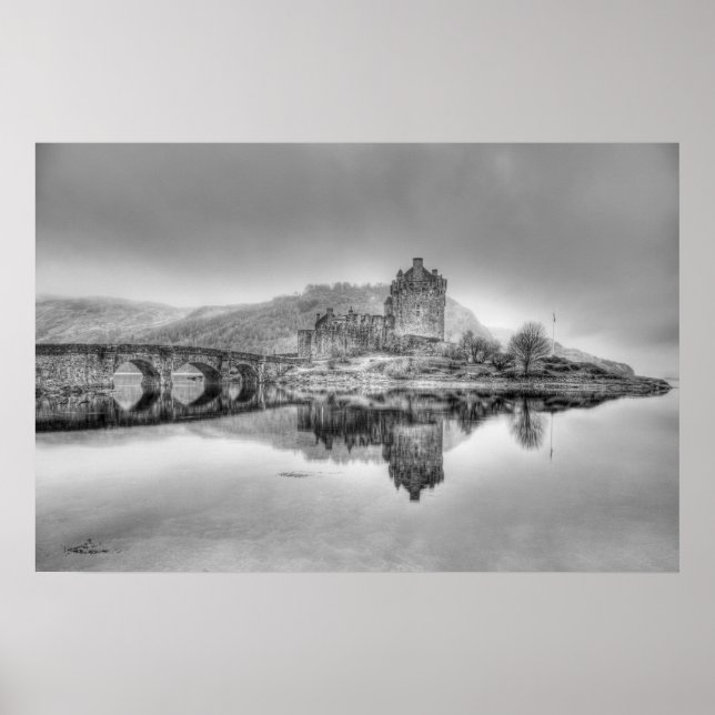 Eilean Donan Castle in Scotland, (Black and White) Poster (Front)