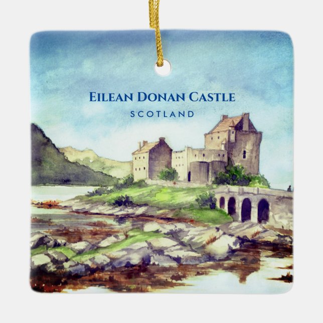 Eilean Donan Castle Scotland Watercolor Painting Ceramic Ornament (Front)