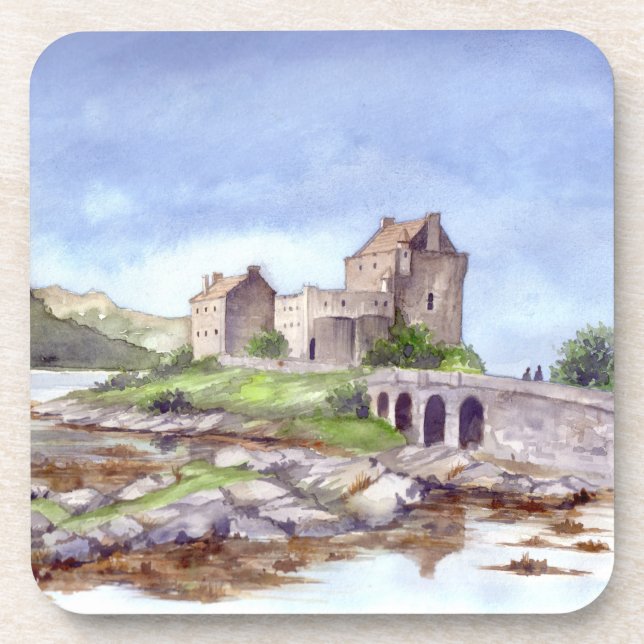 Eilean Donan Castle Watercolor Painting Coaster (Front)