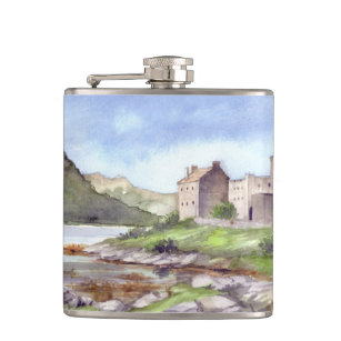 Eilean Donan Castle Watercolor Painting Hip Flask
