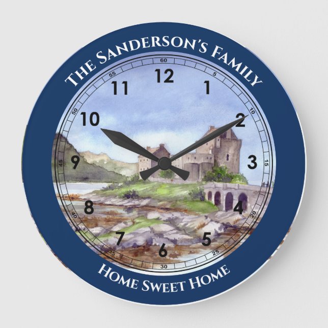 Eilean Donan Castle Watercolor Painting Large Cloc Clock (Front)
