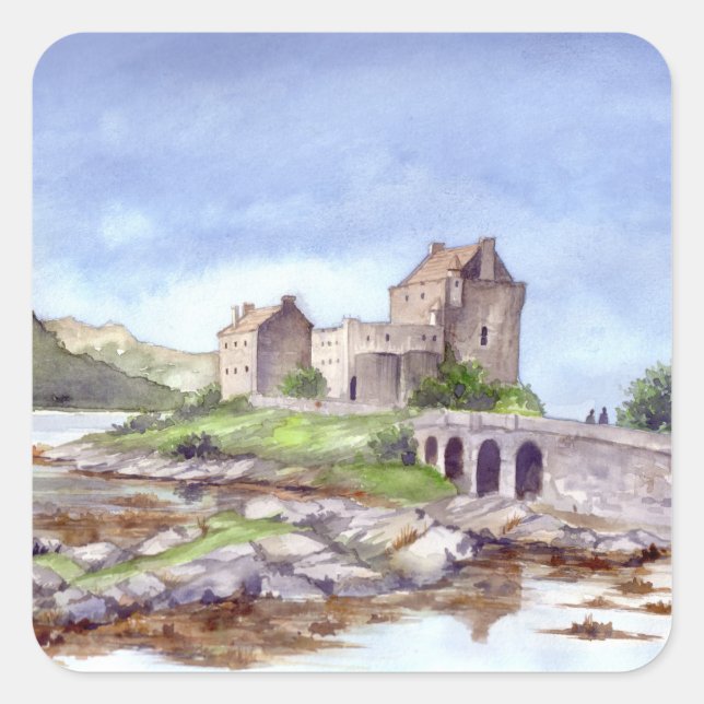 Eilean Donan Castle Watercolor Painting Square Sticker (Front)