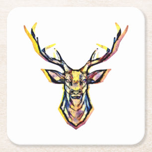 Ein Hirschkopf als buntes Bild im Aquarell Stil Square Paper Coaster