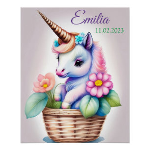 Einhorn im Korb - Wasserfarbe Kindermotiv Poster