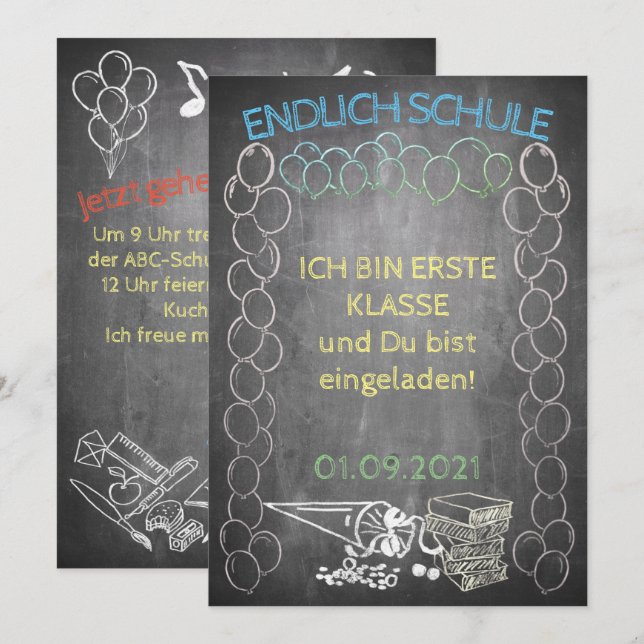 Einladungskarte zur Einschulung im Tafelstil (Front/Back)