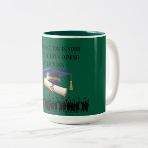 Einstein's graduation motto hunter green Two-Tone coffee mug