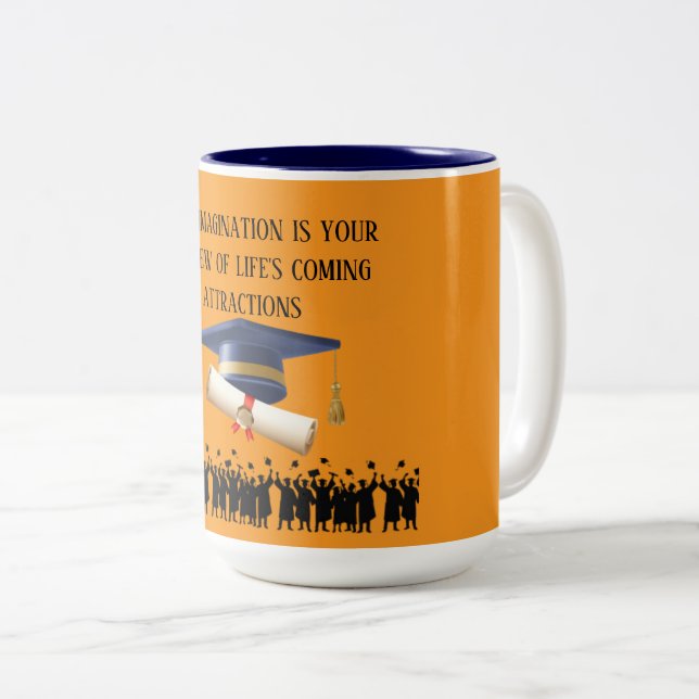 Einstein's graduation motto orange Two-Tone coffee mug (Front Right)