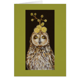Ekewaka the pueo owl with acacia kona hat card