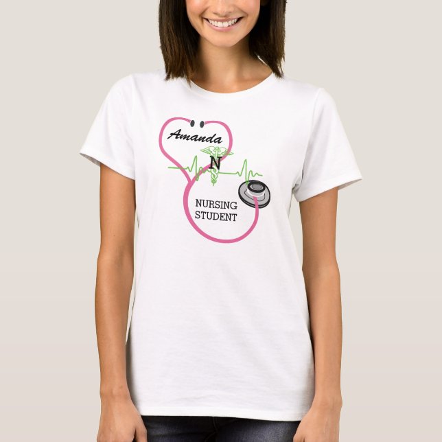 EKG Pink Stethoscope Caduceus Nursing Student Name T-Shirt (Front)