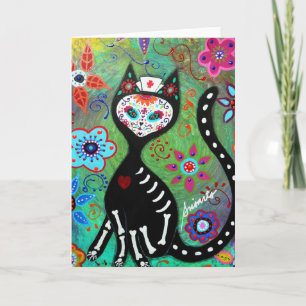 EL GATO CAT DIA DE LOS MUERTOS NURSE PAINTING CARD