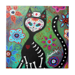EL GATO CAT DIA DE LOS MUERTOS NURSE PAINTING TILE