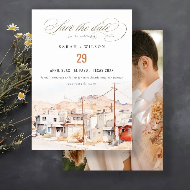 El Paso Texas City Scape Watercolor Wedding Photo Save The Date (Creator Uploaded)