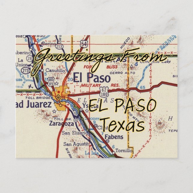 El Paso TX Vintage Map Postcard (Front)