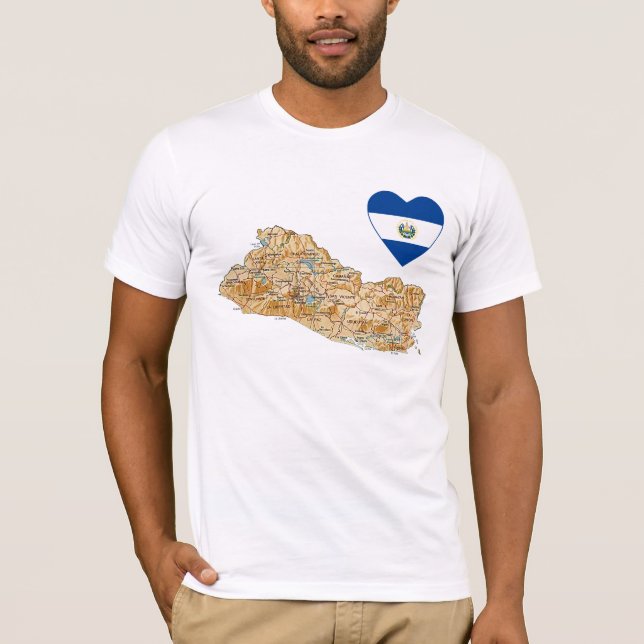 El Salvador Flag Heart and Map T-Shirt (Front)