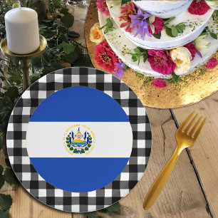 El Salvador Plate, buffalo plaid & Salvador Flag Paper Plate