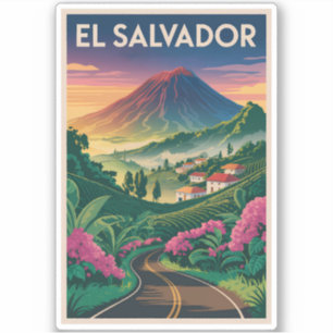 El Salvador Volcano Illustration Travel Art Vintag