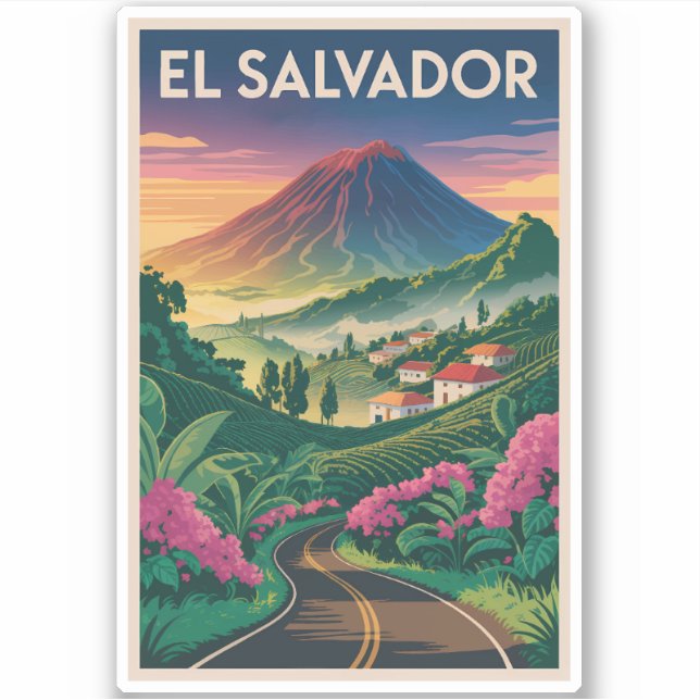 El Salvador Volcano Illustration Travel Art Vintag (Front)