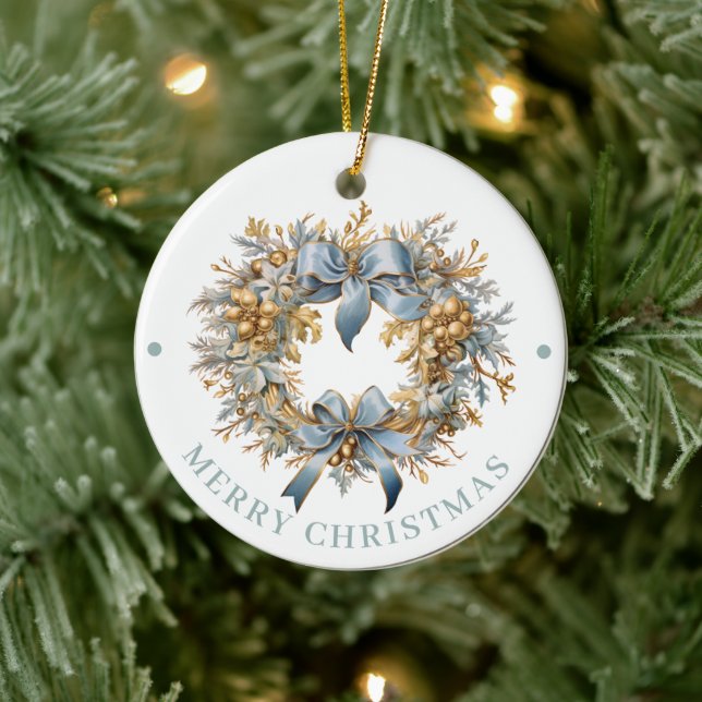 Elaborate Blue and Gold Wreath Merry Christmas  Ceramic Ornament (Tree)