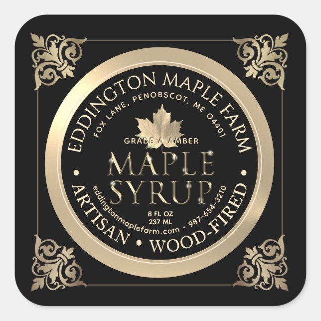 Elaborate Border Black and Gold Maple Syrup Label (Front)