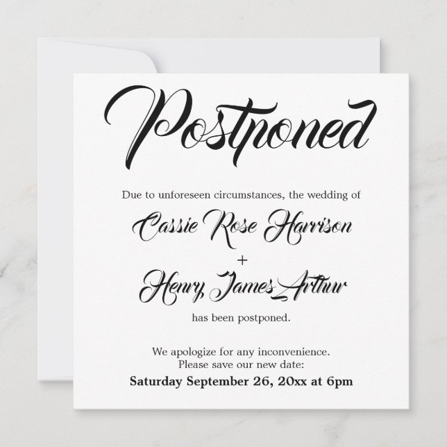 Elaborate Postponed Wedding White Announcement (Front)