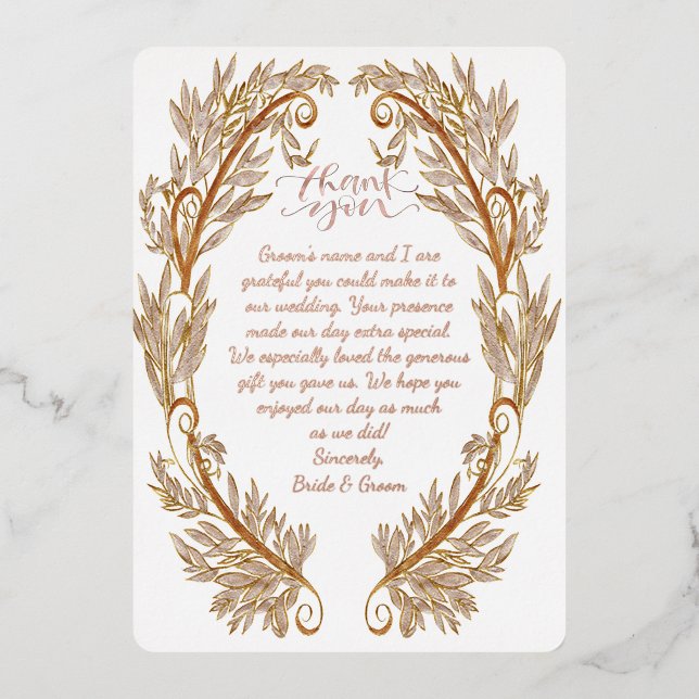 Elaborate Rose Gold Foil Wedding Thank You (Front)
