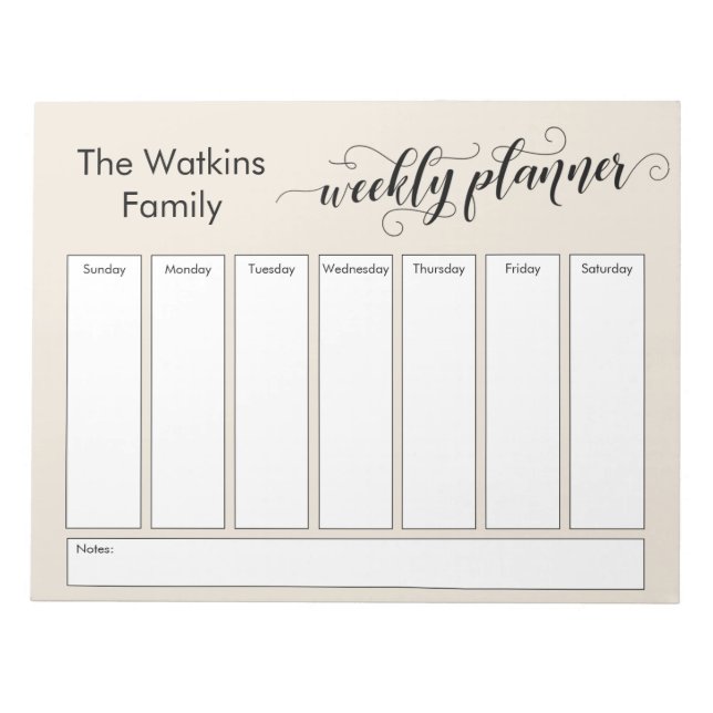 Elaborate Script Simple Cream Weekly Planner Notepad (Front)