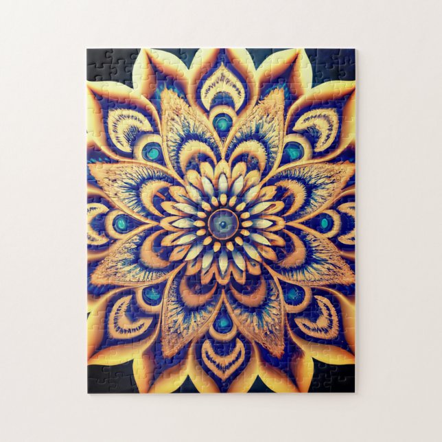 Elaborate Teal Blue Gold Floral Painted Mandala  Jigsaw Puzzle (Vertical)