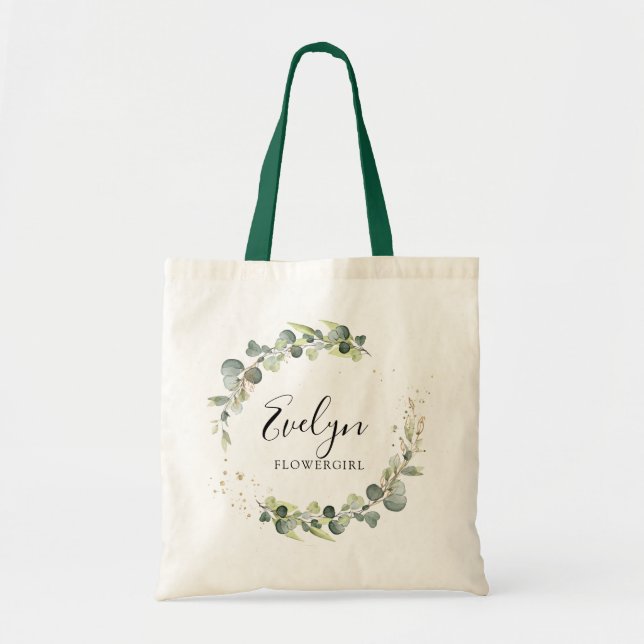 elagant script greenery foliage flowergirl tote bag (Front)