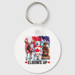 Elbows Up Canada Flag Hockey Funny Beaver Boxing M Key Ring