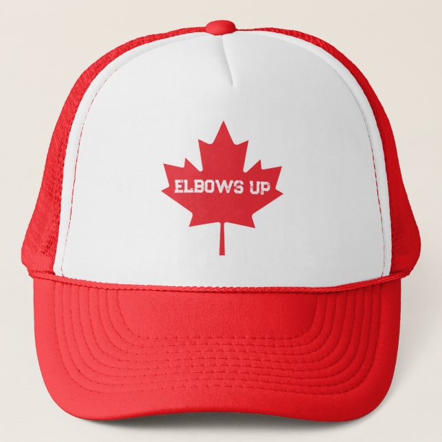 Elbows Up Funny Canadian Hockey Trucker Hat (Front)