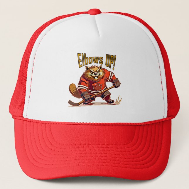 Elbows UP! Hockey Beaver, Canadian Flag Maple Leaf Trucker Hat (Front)