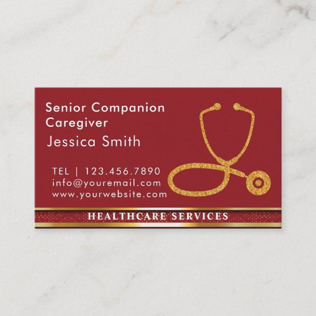 Elder Caregiver Modern golden stethoscope Medical  Business Card (Front)