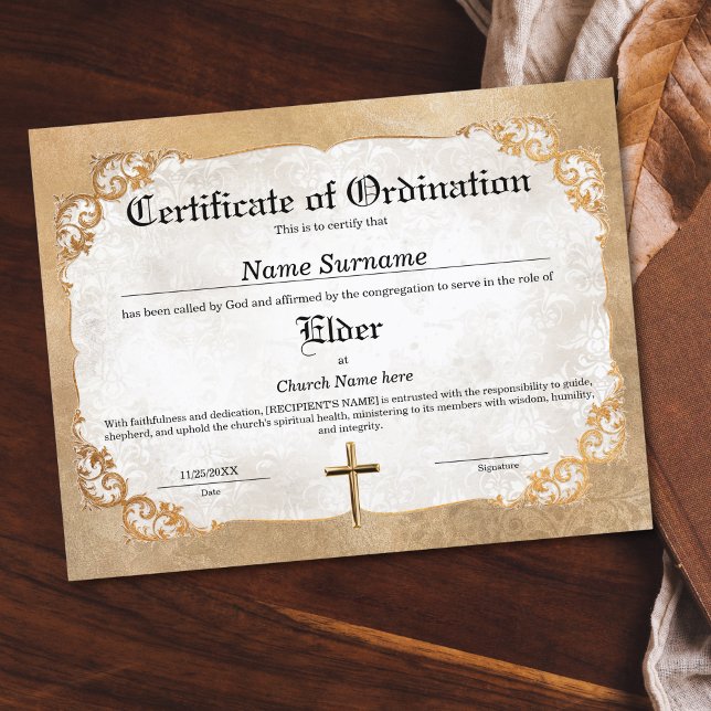Elder Church Certificate of Ordination (CERTIFICATE of ordination with golden frame with swirls)