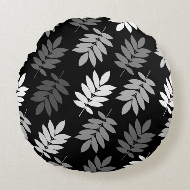 Elder Leaf Big Pattern Black White Grey Round Cushion (Front)