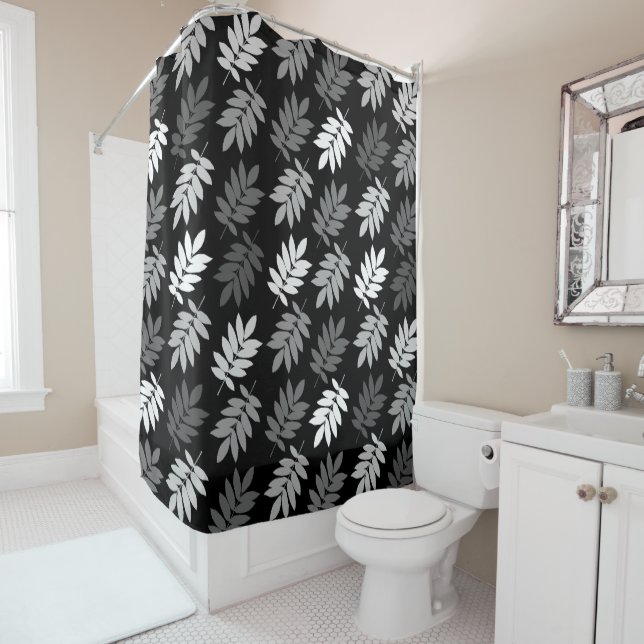 Elder Leaf Big Pattern Black White Grey Shower Curtain (In Situ)