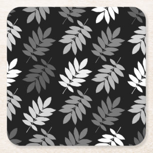 Elder Leaf Big Pattern Black White Grey Square Paper Coaster