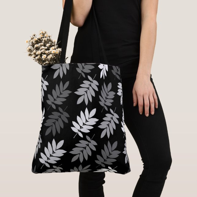 Elder Leaf Big Pattern Black White Grey Tote Bag (Close Up)