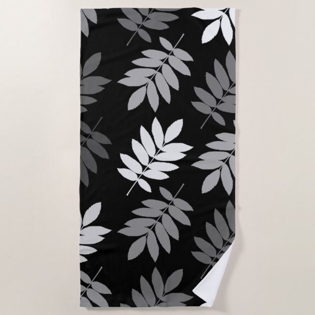 Elder Leaf Lg Pattern Black White Grey Beach Towel (Front)