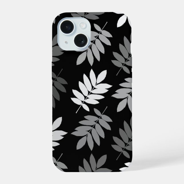 Elder Leaf Lg Pattern Black White Grey iPhone 15 Case (Back)