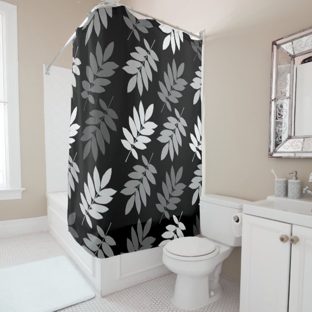 Elder Leaf Lg Pattern Black White Grey Shower Curtain (In Situ)